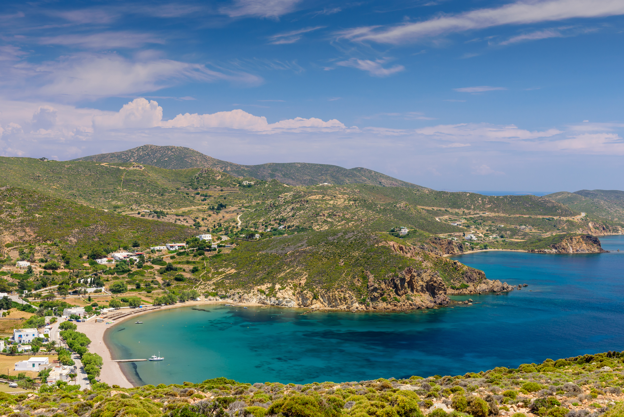 Kambos beach is a picturesque beach on the island of Patmos, Greece